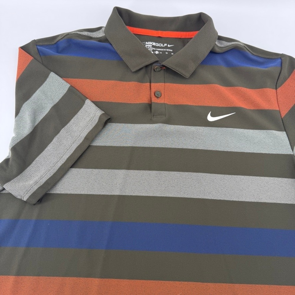 Nike Golf Sport Dri-FIT Polo Shirt Mens XL Striped Olive Orange Blue SS